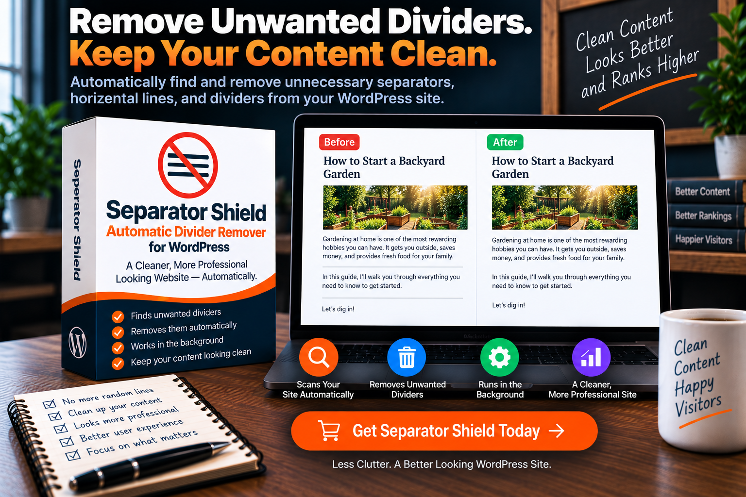 Separator Shield for WordPress auto remove bulk horizontal divider em dash lines from wordpress